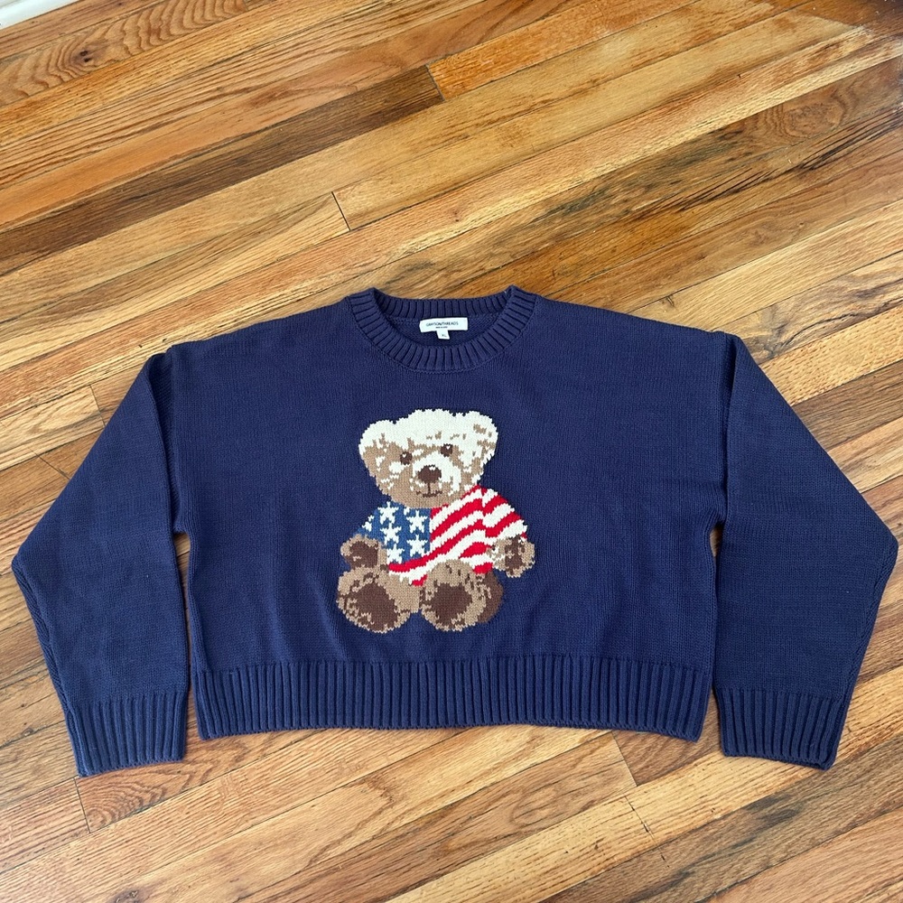 Grayson Threads Patriotic Bear Crewneck Cropped Sweater Navy Americana XL